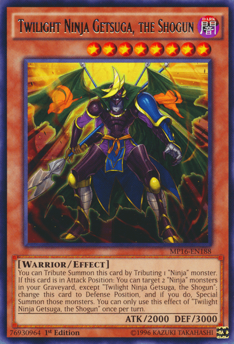 The image depicts a Yu-Gi-Oh! Twilight Ninja Getsuga, the Shogun [MP16-EN188] Rare trading card. This warrior effect monster, boasting 2000 ATK and 3000 DEF points, stands ready, wielding dual weapons and shrouded in a dark, mystical aura. Its orange borders signify its effect status.