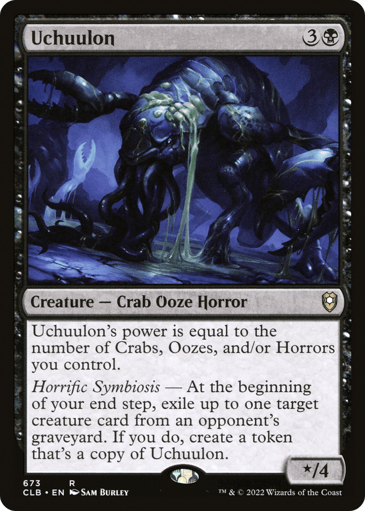 A Rare Magic: The Gathering card titled "Uchuulon [Commander Legends: Battle for Baldur's Gate]." This Creature is a Crab Ooze Horror with black, green, and blue hues, featuring multiple legs and eyes. The card costs three colorless and one black mana, has variable power and four toughness. Its special ability is "Horrific Symbiosis.