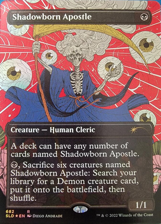 The Magic: The Gathering card "Shadowborn Apostle (Borderless) (682) [Secret Lair Drop Promos]" features an illustration of a human cleric in blue robes encircled by six eyes. They hold a staff with a fierce expression, and the card's text describes abilities that allow sacrificing these apostles to summon a Demon creature. Its power and toughness are 1/1.