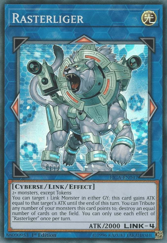 The Yu-Gi-Oh! Super Rare trading card "Rasterliger [FIGA-EN047]" showcases a dynamic, mechanical lion with metallic armor and blue glowing accents. This Cyberse/Link/Effect Monster has a Link Rating of 4 and 2000 ATK, with the card text and ID clearly visible.