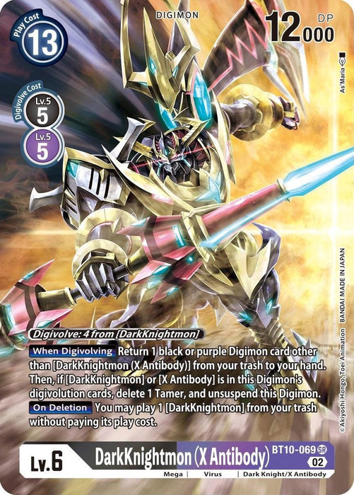 A digital card depicts DarkKnightmon (X Antibody) [BT10-069] (Alternate Art) [Xros Encounter] with a formidable stance. The artwork features a heavily armored figure with glowing red eyes, holding a large spear. This Super Rare card has Play Cost 13, Digivolve Cost 5, Level 6, DP 12,000. Card effects and digivolution requirements are listed below.
