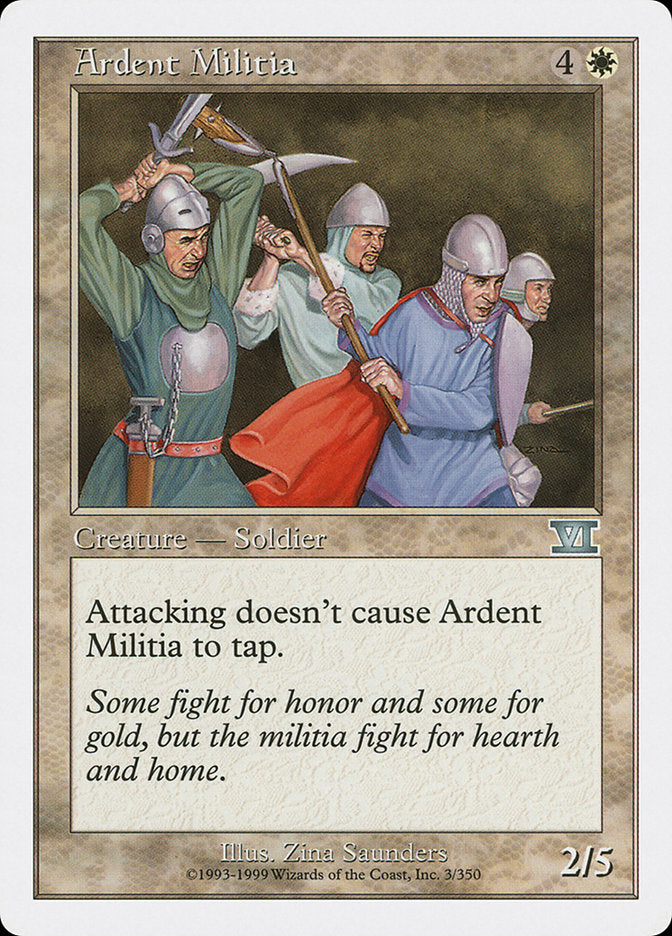 A fantasy card illustration shows Ardent Militia with four armored soldiers, one in a red tunic and others in blue, wielding weapons. The text reads 