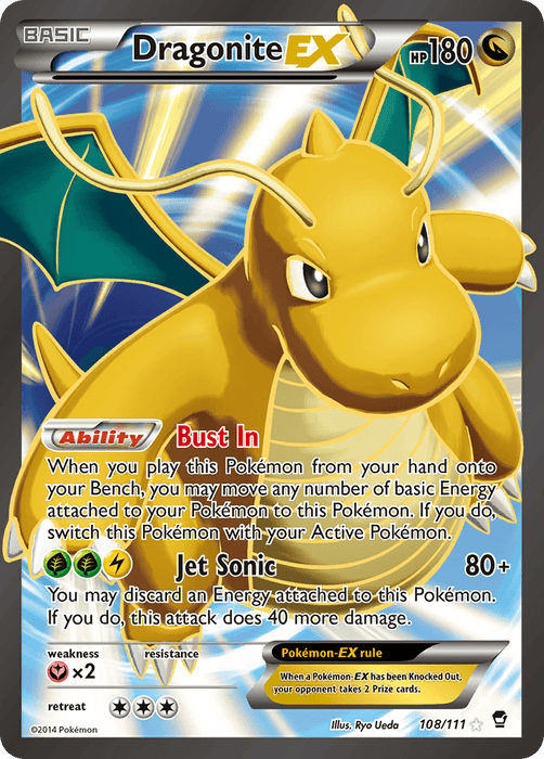 A Pokémon trading card featuring Dragonite EX (108/111) [XY: Furious Fists] with a yellow dragon design wielding blue and yellow energy. It's an Ultra Rare BASIC card with 180 HP and the abilities "Bust In" and "Jet Sonic." The card is labeled 108/111 from the 2014 Pokémon collection, illustrated by Ryo Ueda.
