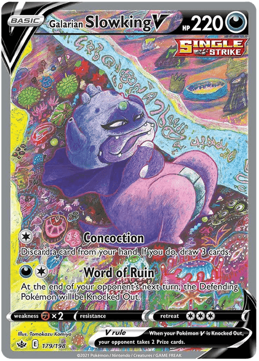 A trading card showing Galarian Slowking V (179/198) [Sword & Shield: Chilling Reign] with 220 HP, a Single Strike Basic Pokémon from the Sword & Shield: Chilling Reign series. The Ultra Rare card depicts Galarian Slowking in a mystical, colorful setting. Moves include Concoction and Word of Ruin, along with stats such as weakness, resistance, and retreat cost. Illus. Tomokazu Kom