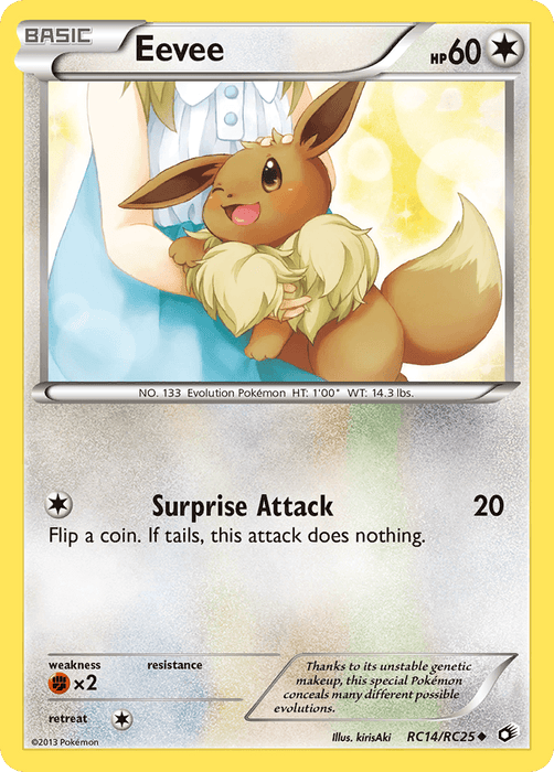 A Pokémon Eevee (RC14/RC25) [Black & White: Legendary Treasures] from the Legendary Treasures series showcases Eevee with yellow borders. The fox-like creature with large ears and a fluffy tail is depicted being held by a person. As part of the Black & White set, this Colorless type lists 60 HP and a "Surprise Attack" move that requires a coin flip for effectiveness.