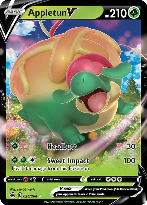 A Pokémon trading card from Sword & Shield: Fusion Strike depicts "Appletun V" with 210 HP. This ultra rare Pokémon card shows a round, green, grass-type dragon-like Pokémon with a yellow and red apple shell, smiling in a lush meadow. Its moves include "Headbutt" and "Sweet Impact." It is card number 026/264. In the lower-left, its weaknesses