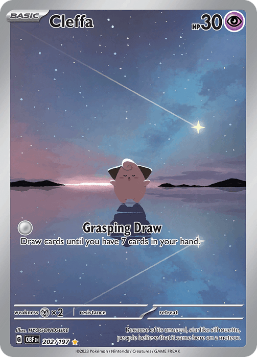 A Pokémon card featuring Cleffa, a pink, round creature with a tuft of hair and small limbs. Cleffa stands by a serene, reflective lake under a twilight sky filled with stars. The Illustration Rare card details include 30 HP, the ability "Grasping Draw," and beautiful artwork by HYOGONOSUKE. The product is Cleffa (202/197) [Scarlet & Violet: Obsidian Flames] from Pokémon.