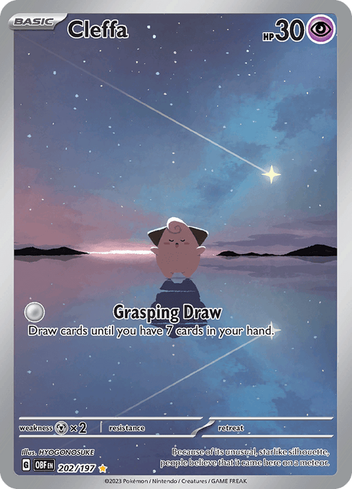 A Pokémon card featuring Cleffa, a pink, round creature with a tuft of hair and small limbs. Cleffa stands by a serene, reflective lake under a twilight sky filled with stars. The Illustration Rare card details include 30 HP, the ability "Grasping Draw," and beautiful artwork by HYOGONOSUKE. The product is Cleffa (202/197) [Scarlet & Violet: Obsidian Flames] from Pokémon.