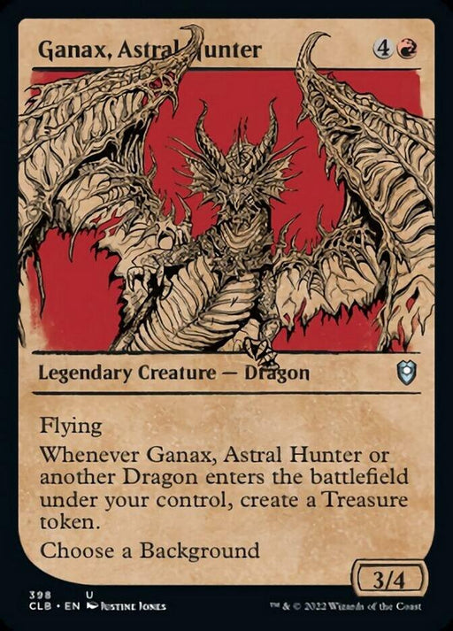 A Magic: The Gathering card titled "Ganax, Astral Hunter (Showcase)" from Commander Legends: Battle for Baldur's Gate. The card has a red background and features a detailed illustration of a Legendary Creature — Dragon with outstretched wings. The text box includes abilities like flying and creating Treasure tokens when a Dragon enters the battlefield.