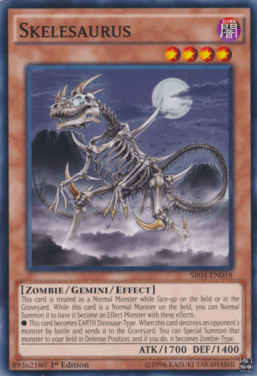 An image of a Yu-Gi-Oh! trading card named "Skelesaurus [SR04-EN018] Common." The card depicts a skeletal, EARTH Dinosaur-Type with a fierce expression, partially enveloped in a blue aura, standing against a night sky with a full moon. A Gemini/Effect Monster with ATK 1700 and DEF 1400, it could be from the Structure Deck: Dinosmasher