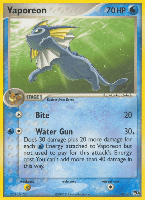 A rare Vaporeon (6/17) [POP Series 3] Pokémon card with 70 HP. The card features an image of Vaporeon, a blue, aquatic Pokémon with white fins and a mermaid-like tail. Part of the POP Series 3, it details its attacks: Bite (20 damage) and Water Gun (30+ damage). The card's number is 6/17, evolving from Eevee.