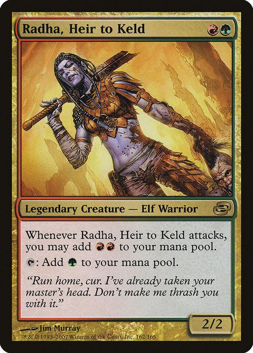 Radha, Heir to Keld [Planar Chaos] is a rare Magic: The Gathering card. This legendary creature — elf warrior costs one red and one green mana, and boasts an ability that adds mana when it attacks. The illustration features a fierce elf warrior wielding a battle-axe, with evocative flavor text below.