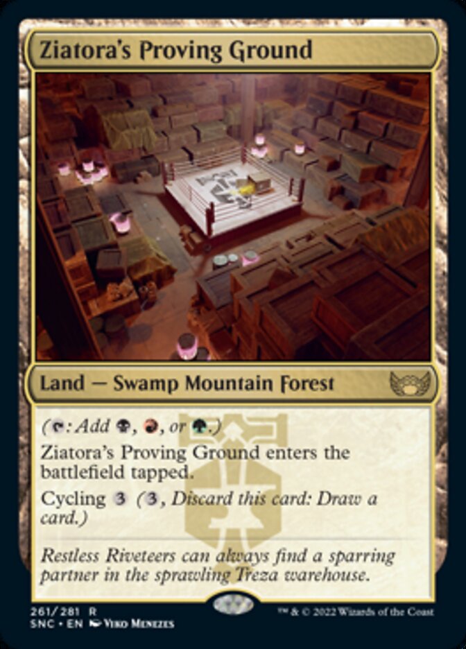 Discover "Ziatora's Proving Ground" from Magic: The Gathering's Streets of New Capenna series; a dim stone arena encircled by crates, displaying Swamp, Mountain, and Forest symbols. The card offers strategic flexibility with cycling among its land abilities.