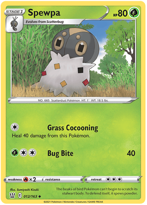 Description: An Uncommon Pokémon trading card from Sword & Shield: Battle Styles depicting Spewpa (012/163) [Sword & Shield: Battle Styles], a fuzzy, cocoon-like creature. The yellow-green background highlights its Grass type. Spewpa has 80 HP with the moves "Grass Cocooning" and "Bug Bite." Weak points, resistances, and retreat costs are detailed at the bottom.