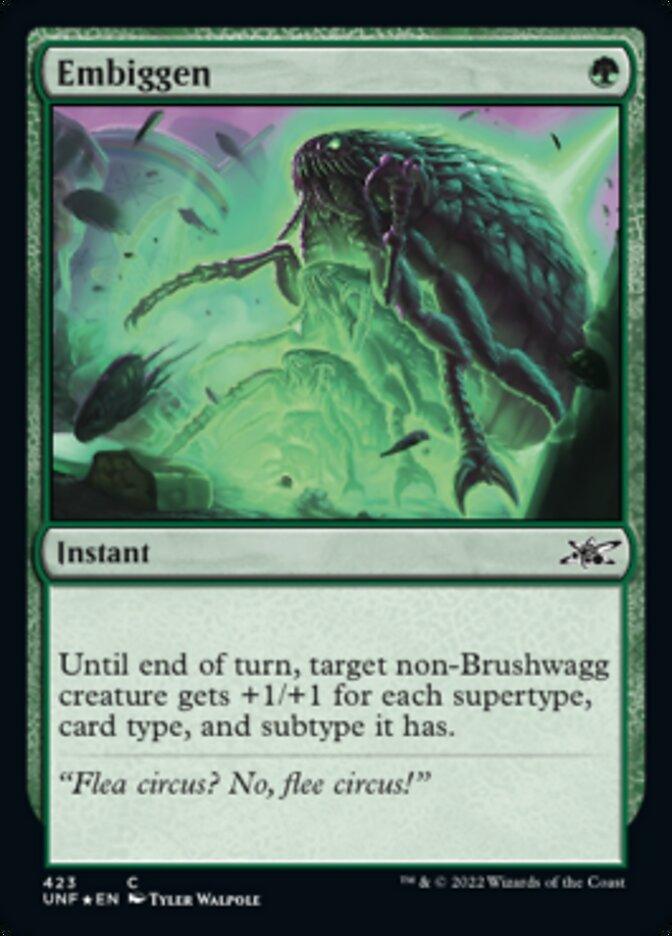 A Magic: The Gathering card titled Embiggen (Galaxy Foil) [Unfinity] is a green instant from the Unfinity set. Its illustration shows a massive creature emerging from the forest. The text reads: 