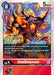 A Digimon Card titled "GeoGreymon [ST7-06]" from the 2022 Championship Offline Regional and Online Champion set within the Starter Deck: Gallantmon Promos, showcases a fierce, orange dinosaur-like creature adorned with fiery accents. This Level 4 card has a play cost of 6 and offers 5,000 DP. Additionally, it features a bonus effect that allows you to play this card without cost at the end of battle and delete an opponent's Digimon with 4,000 DP or less upon playing it.