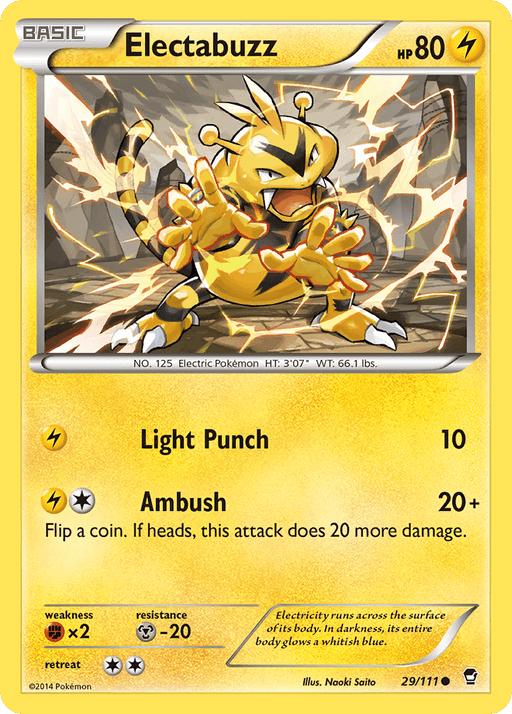 A Pokémon card featuring Electabuzz (29/111) [XY: Furious Fists] from Pokémon. Electabuzz is shown with outstretched claws and lightning bolts in the background. The card includes stats: 80 HP, height 3'07", weight 66.1 lbs. Attacks listed are Light Punch and Ambush. Weakness: x2 Fighting; Resistance: -20