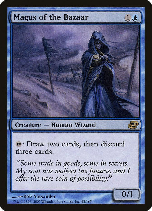 A **Magic: The Gathering** card titled **Magus of the Bazaar [Planar Chaos]**, depicted in Planar Chaos. It features a blue-clad Human Wizard in a desolate marketplace with sand dunes and tattered flags, holding out a blue orb. The card’s text allows you to draw two cards and discard three, illustrated by Rob Alexander.