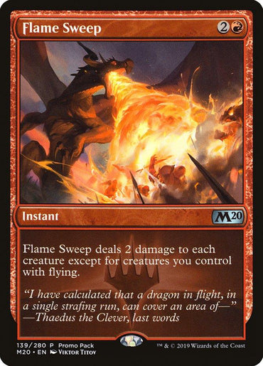 The Magic: The Gathering card "Flame Sweep (Promo Pack)" from the Core Set 2020 Promos features a dragon releasing its fiery fury over the battlefield. The card is highlighted with a red border, representing its instant power, and includes text stating: "Flame Sweep deals 2 damage to each creature except for creatures you control with flying.