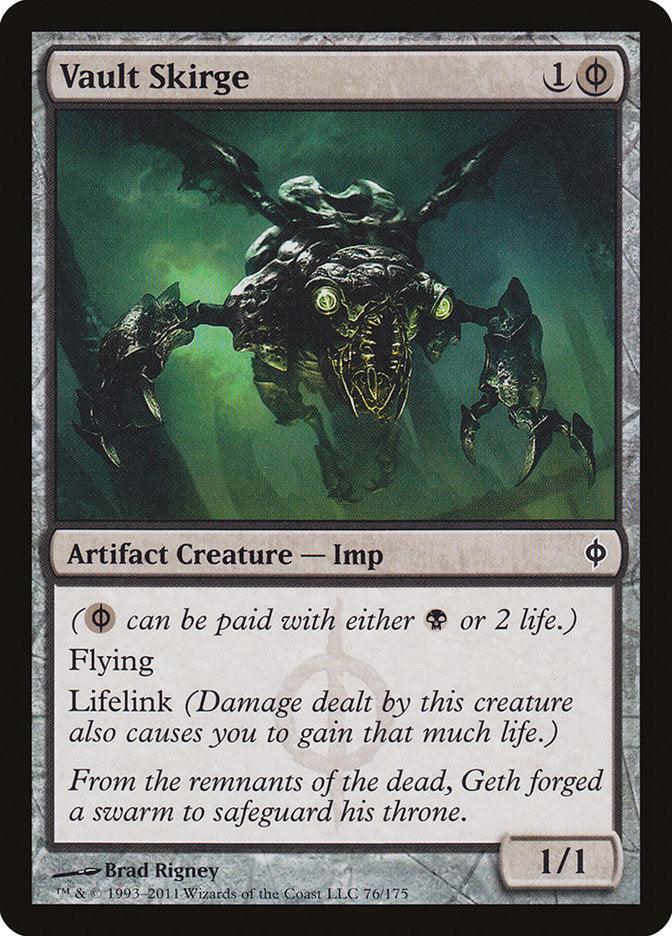 A Magic: The Gathering card named Vault Skirge [New Phyrexia] from Magic: The Gathering with a black border. It shows an eerie, mechanical winged creature with glowing green elements. This Artifact Creature costs 1 colorless and 1 Phyrexian mana, has Flying and Lifelink abilities, and boasts a power and toughness of 1/1. The text reads, 