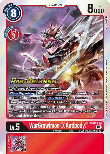 A Digimon card featuring WarGrowlmon (X Antibody) [BT9-014] [X Record Pre-Release Promos]. The card shows a fierce, mechanized dragon-like creature with red and silver armor, brandishing sharp claws. Text details its play cost (8), power (8000 DP), level, and special abilities. The card is marked 