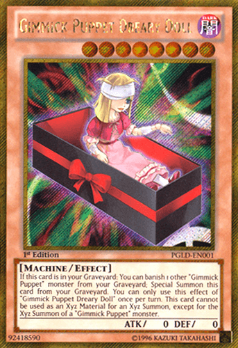 The image showcases a Yu-Gi-Oh! trading card titled "Gimmick Puppet Dreary Doll [PGLD-EN001] Gold Secret Rare." It depicts a doll-like creature lying in a red and black striped coffin adorned with a ribbon. The card is marked 1st Edition, belongs to the Machine/Effect Monster category, and has an ATK of 0 and DEF of 0. Text details the card.
