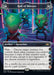 The image features a Magic: The Gathering card from the Unfinity set, "Hall of Mirrors (2-6) [Unfinity]." This Artifact - Attraction has a cost of 1M (1 blue mana) and depicts several green, alien-like creatures with big eyes and wide mouths standing in a mirrored room. The card text details a game effect.