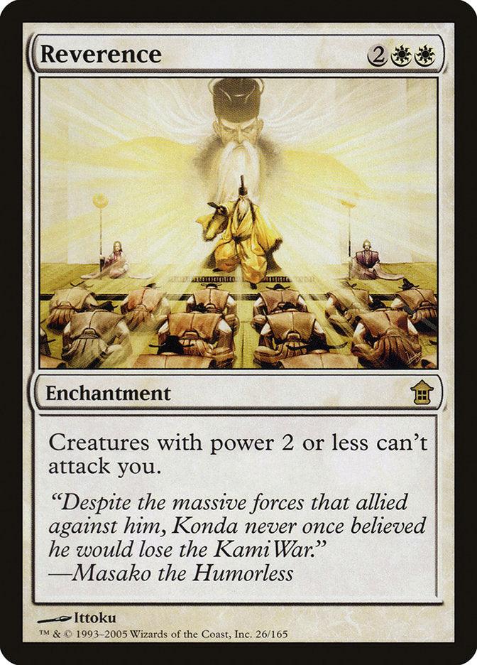 The Magic: The Gathering card "Reverence" from Saviors of Kamigawa is a rare enchantment. It shows a robed figure with kneeling figures beneath a glowing angelic entity, preventing creatures with power 2 or less from attacking you.