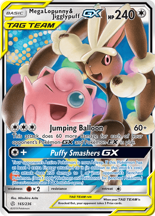 A Pokémon trading card from the Cosmic Eclipse set features Mega Lopunny and Jigglypuff in a dynamic pose with colorful backgrounds. This Ultra Rare card, with 240 HP, showcases two moves: Jumping Balloon (60+ damage) and Puffy Smashers GX. Text details attack effects, game rules, and Colorless-type attributes. 

Product Name: Mega Lopunny & Jigglypuff GX (165/236) [Sun & Moon: Cosmic Eclipse]
Brand Name: Pokémon
