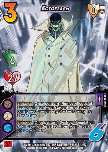 A promo rarity character card from "My Hero Academia" features Ectoplasm [Crimson Rampage Promos] from UniVersus with a cost of 3, a damage potential of 0+, and a shield of 6. Abilities include enhancing attacks and adding copies from the discard pile. Ectoplasm, in a dark cape and white mask, emanates an eerie green glow. The card boasts 27 health and various symbols indicating types and
