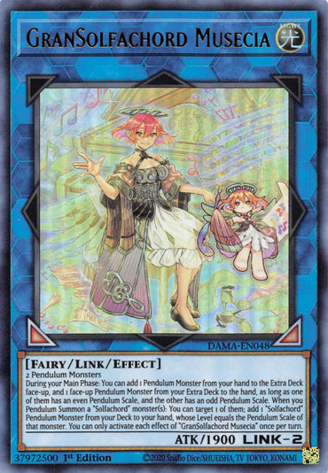 The "GranSolfachord Musecia [DAMA-EN048] Ultra Rare" card from Yu-Gi-Oh! features a fairy-like character with pink hair, dressed in a brown and white gown decorated with musical themes. This captivating Pendulum Monster is portrayed playing a harp-like instrument against a lively, music-inspired backdrop and has an attack power of 1900.