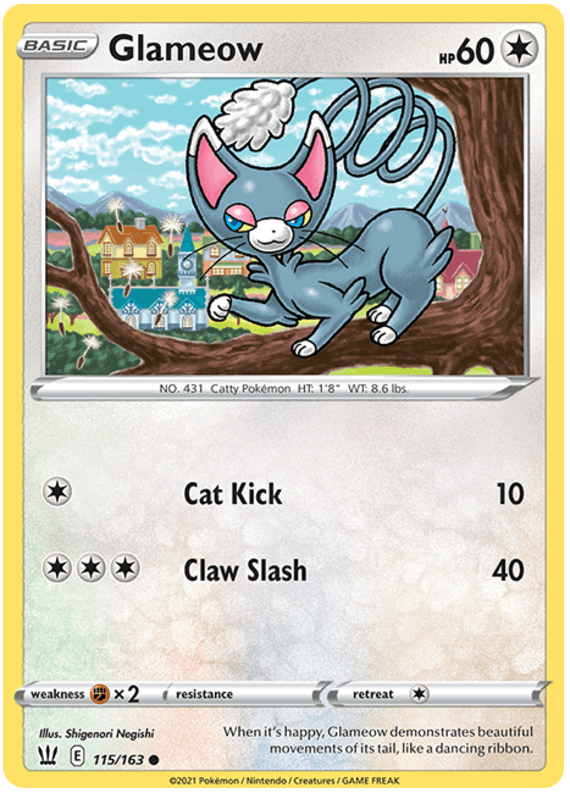 Image of a **Pokémon** trading card featuring **Glameow (115/163) [Sword & Shield: Battle Styles]**. This colorless, cat-like Pokémon has a curled tail. The card displays its HP of 60, with two moves: 