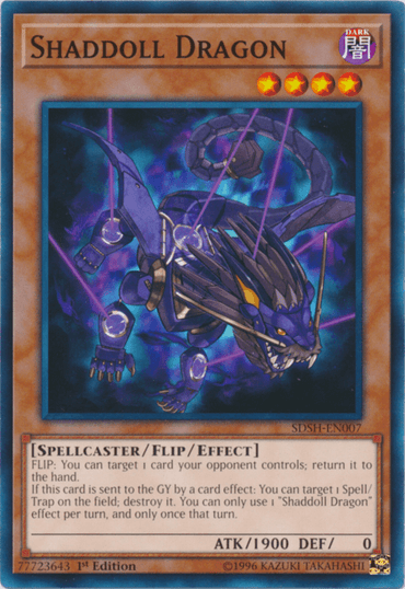 Yu-Gi-Oh! card titled "Shaddoll Dragon [SDSH-EN007] Common" from the Structure Deck. It depicts a dragon with a purple and dark blue color scheme, sharp claws, and flying in a dynamic pose. Text on this Flip/Effect Monster describes its abilities. The card has an ATK of 1900 and DEF of 0.
