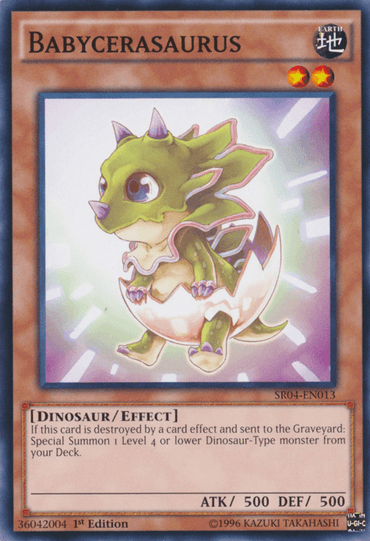 The Yu-Gi-Oh! card, Babycerasaurus [SR04-EN013] Common, features a charming Dinosaur-Type monster with green skin and purple spikes. Nestled in an eggshell with dazzling highlights, this two-star Effect Monster has 500 ATK and DEF, and its effect text details a unique special summoning ability from Dinosmasher's Fury.