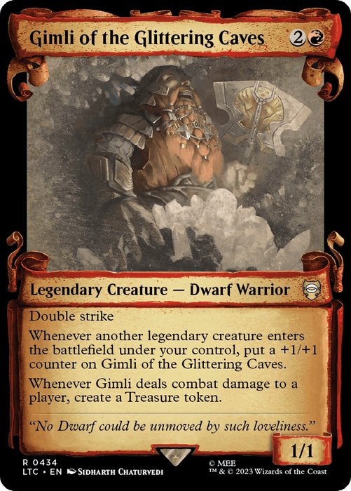 A Magic: The Gathering card featuring "Gimli of the Glittering Caves [The Lord of the Rings: Tales of Middle-Earth Commander Showcase Scrolls]" from The Lord of the Rings: Tales of Middle-Earth. The card displays a bearded dwarf warrior wielding an axe, wearing armor. It has a mana cost of 2 colorless and 1 red, and is a 1/1 legendary creature with double strike and abilities that enhance its power and