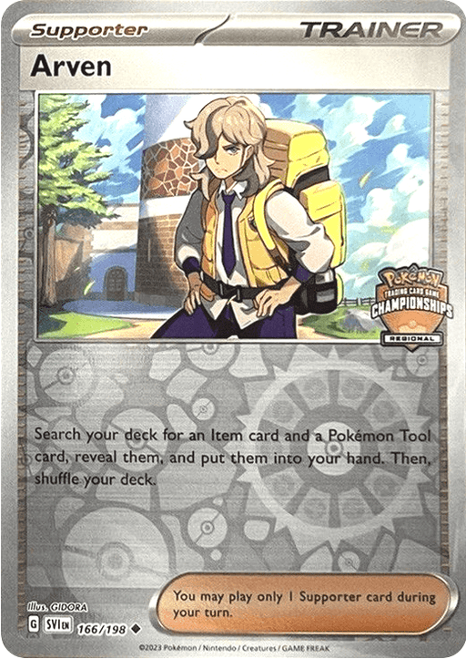 A Pokémon card featuring "Arven," a Trainer and Supporter card. Arven is depicted with blonde hair and wearing a backpack, standing in front of a large building with blue sky and clouds. This promo card allows the player to search for an Item and Pokémon Tool card from the deck. The product name is Arven (166/198) (Regional Championships) [League & Championship Cards] by Pokémon.
