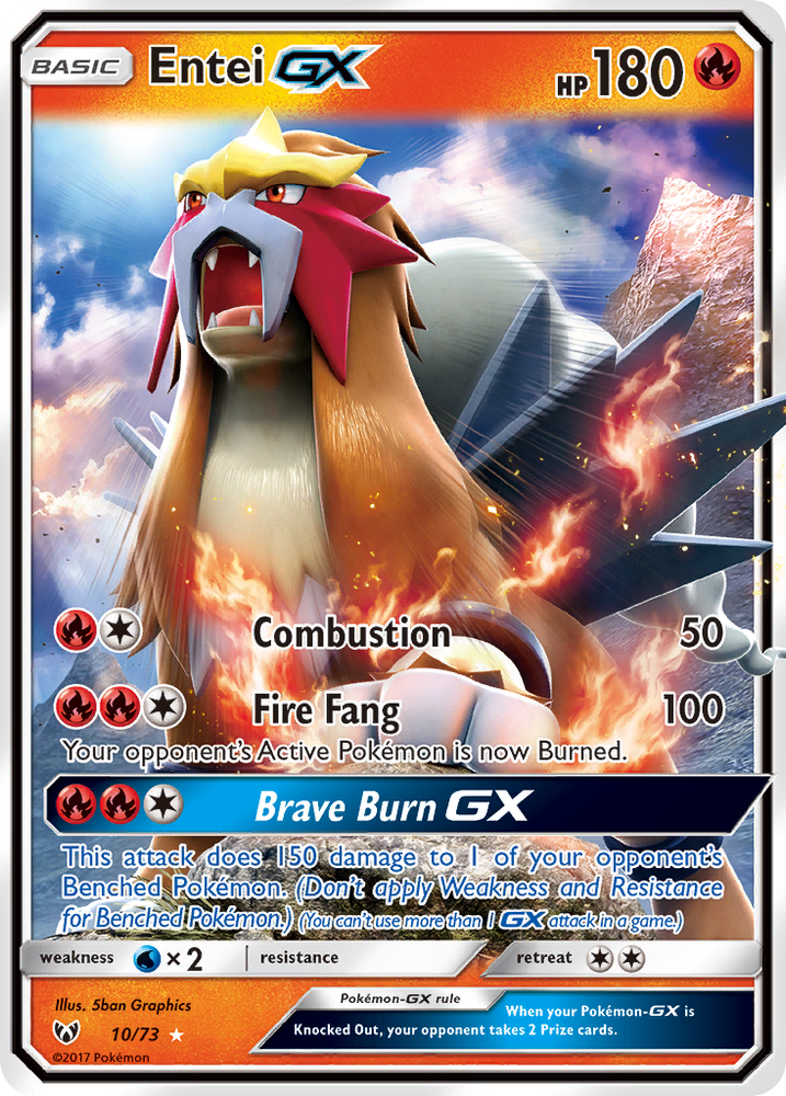 The image showcases an Entei GX (10/73) Pokémon card from the Sun & Moon: Shining Legends series by Pokémon, set against a fiery backdrop. This Ultra Rare Fire Type Basic Pokémon boasts 180 HP and offers three moves: Combustion (50 damage), Fire Fang (100 damage), and Brave Burn GX (150 damage to a benched Pokémon). It is vulnerable to Water types.