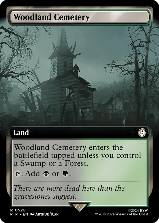 The image is a rare Magic: The Gathering card named "Woodland Cemetery (Extended Art) [Fallout]." It depicts a desolate cemetery with numerous tombstones and an old, deteriorating wooden church. The surrounding trees are bare, with an eerie, moonlit sky in the background, evoking a haunting fallout scene. The card text details its abilities and flavor text.