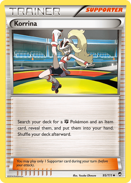A Pokémon Trading Card featuring "Korrina" as an Uncommon Supporter card from the Furious Fists set. Korrina is energetically kicking forward while wearing roller skates, gloves, and a white outfit with red accents. The card instructs players to search their deck for a Fighting Pokémon and an Item card. Illustration by Yusuke Ohmura, 95/111.

The product you are referring to is Korrina (95/111) [XY: Furious Fists] from the brand Pokémon.
