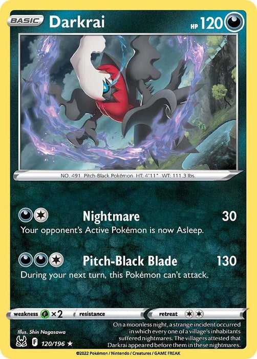 A Darkrai (120/196) [Sword & Shield: Lost Origin] from the Pokémon series features "Darkrai," a striking black and red humanoid creature with flowing elements. This Holo Rare card shows its HP as 120 with attack moves: "Nightmare" (30 damage, opponent's Pokémon asleep) and "Pitch-Black Blade" (130 damage, no attack next turn). The card is marked No.