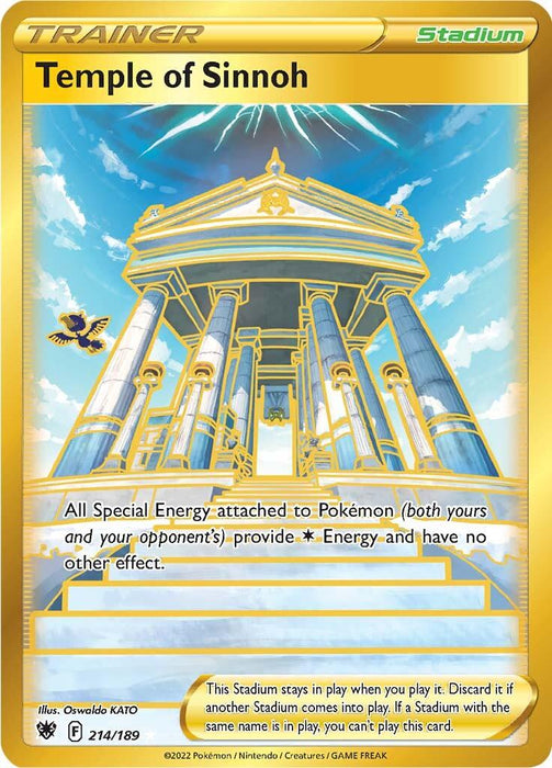 A Pokémon Secret Rare card titled "Temple of Sinnoh (214/189) [Sword & Shield: Astral Radiance]" from the Sword & Shield: Astral Radiance set. The card features a grand, golden temple with tall pillars against a bright blue sky with clouds. A bird Pokémon flies near the temple's spire. It's a Stadium Trainer category card, detailing its effect on Special Energy.
