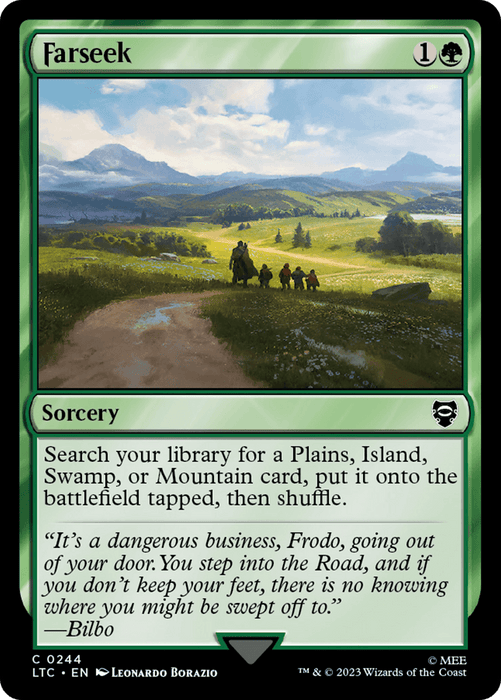 A "Farseek [The Lord of the Rings: Tales of Middle-Earth Commander]" Magic: The Gathering card. It shows a vast, sunlit landscape with green fields, a path, and distant hills reminiscent of Middle-Earth. Small figures trek along the path. The card costs one green and one generic mana. It allows the player to search their library for a land card and put it into play tapped.