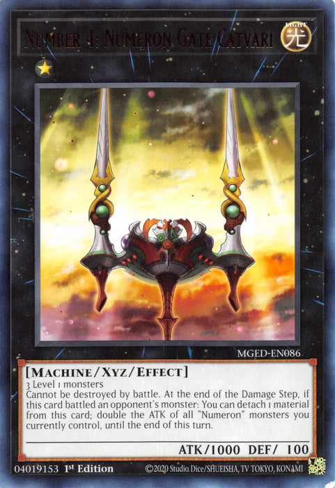 A "Yu-Gi-Oh!" trading card titled "Number 4: Numeron Gate Catvari [MGED-EN086] Rare" from the Maximum Gold: El Dorado series. The card depicts an ornate, futuristic structure with twin spires emitting energy. Subtext details its Machine/Xyz/Effect type, requiring 3 level 1 Numeron monsters and describing its special battle abilities. ATK: 1000