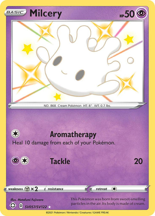 A Pokémon Milcery (SV057/SV122) [Sword & Shield: Shining Fates] card with purple borders and labeled "Milcery" with 50 HP, marked as NO. 868, Cream Pokémon. The Ultra Rare card is from the Shining Fates expansion of the Sword & Shield series. Its moves are Aromatherapy and Tackle, which deals 20 damage. The bottom text includes artist name, card number SV057/SV122, and a