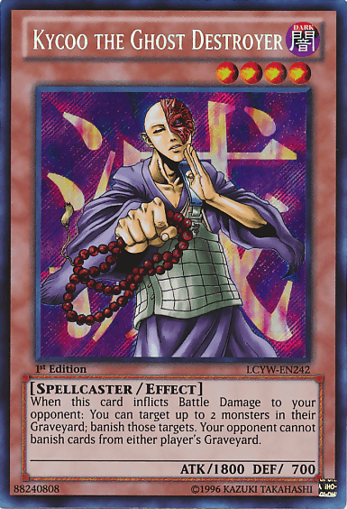 A Yu-Gi-Oh! trading card depicting "Kycoo the Ghost Destroyer [LCYW-EN242] Secret Rare." This Effect Monster is a bald monk holding a string of prayer beads. One side of his face is adorned with a red mask. With an ATK of 1800 and DEF of 700, its effect targets and banishes monsters from the opponent's Graveyard in Yugi's World.