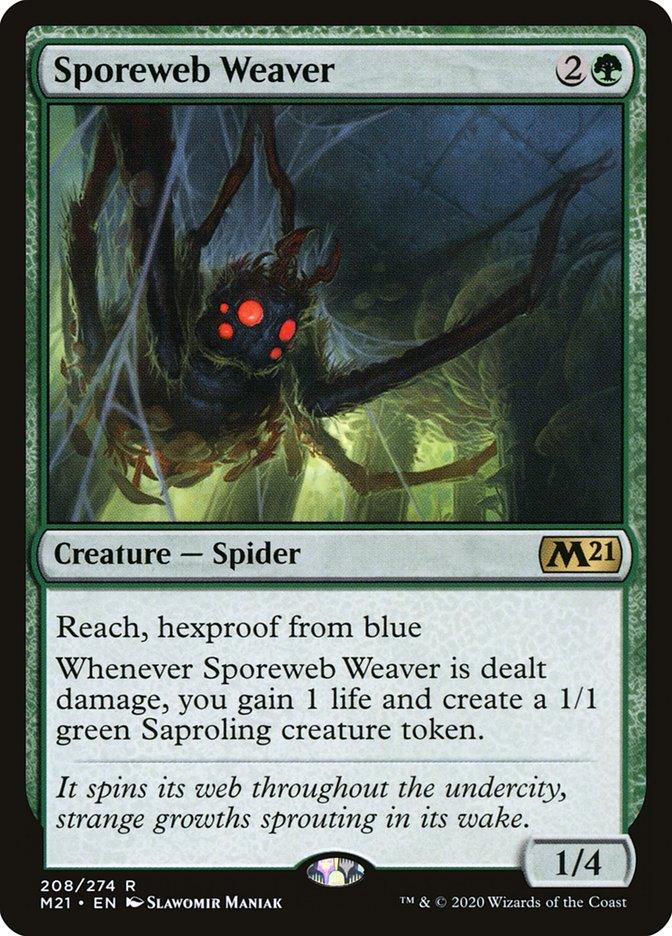 The image shows a Magic: The Gathering card, Sporeweb Weaver [Core Set 2021]. Costing 2 colorless and 1 green mana, this spider has reach, hexproof from blue, and gains life while creating Saproling tokens when damaged. Its red eyes glow in the dark web-filled scene.