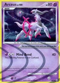 A Pokémon trading card featuring Arceus (AR7) [Platinum: Arceus] with 80 HP from the Platinum: Arceus series. The Holo Rare card showcases a purple, cosmic background and an image of Arceus, a white quadrupedal creature with a golden wheel-like structure around its torso. It has the "Mind Bend" attack (40 damage) and a Psychic-type weakness (X2).