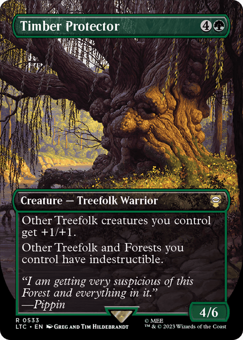 A Rare Magic: The Gathering card titled "Timber Protector (Borderless) [The Lord of the Rings: Tales of Middle-Earth Commander]" features a large, ancient Treefolk Warrior with an intricate bark face. The card details Treefolk creatures and forests gaining indestructible properties. Card statistics: 4/6 power and toughness, 4 colorless and 1 green mana cost—a nod to The Lord of the Rings.
