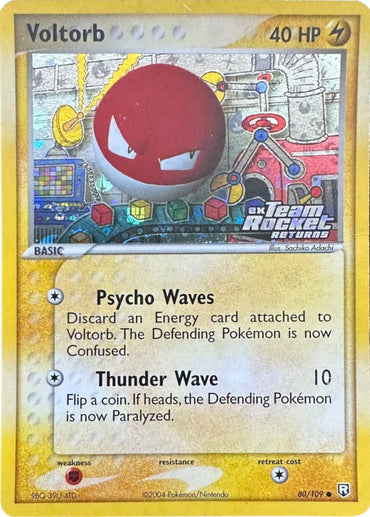 An image of the Voltorb (80/109) (Stamped) [EX: Team Rocket Returns] Pokémon card. This common card showcases Voltorb, an electric-type Pokémon with 40 HP, and features the moves Psycho Waves and Thunder Wave. The vibrant artwork by Sachiko Adachi depicts Voltorb in a mechanical environment with striking lightning effects.