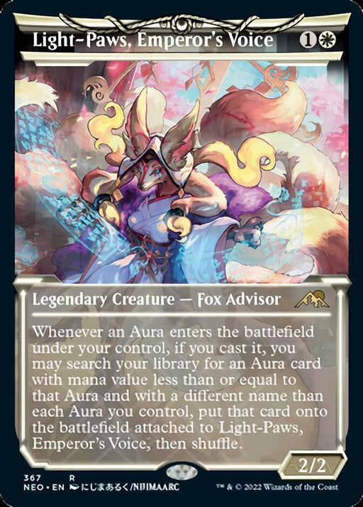 A Magic: The Gathering card from Kamigawa: Neon Dynasty, "Light-Paws, Emperor's Voice (Showcase Soft Glow) [Kamigawa: Neon Dynasty]," costs 1W and is a rare Legendary Creature - Fox Advisor. This 2/2 card can search and attach Auras when one enters the battlefield.